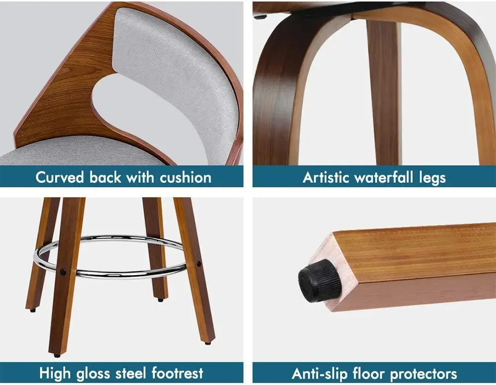 with Footrest and Adjustable Leg Levelers Home Bar Stools 2X Swivel Wooden Kitchen Stool 65cm Seat Height Leather Counter Stool - view 6