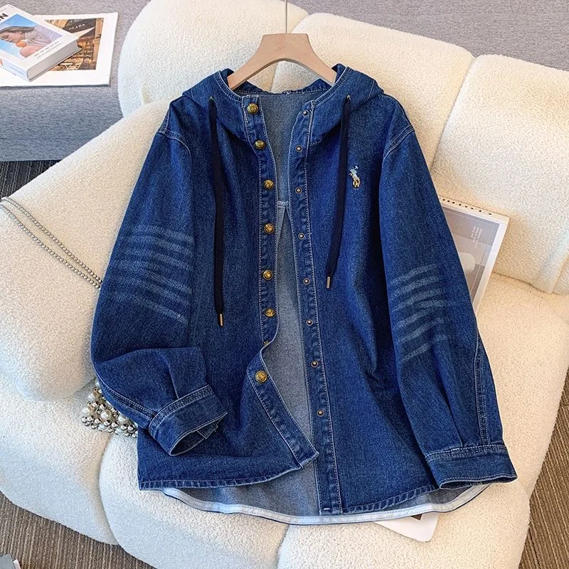

Свободные джинсовые куртки-рубашки с капюшоном в стиле ретро для женщин, весна-осень, новые повседневные универсальные многослойные топы средней длины, джинсовая куртка