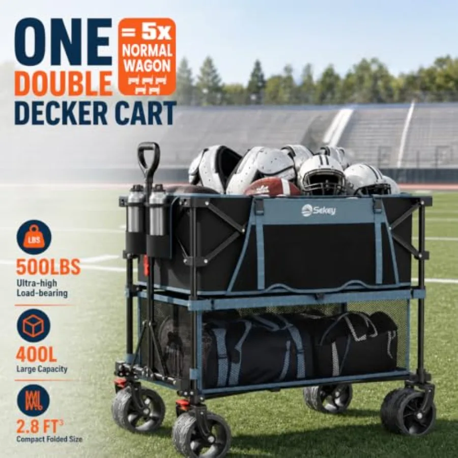 400L Double-Decker Wagon for outdoor transport, polypropylene body, black, 500 lb capacity with 50 in extender