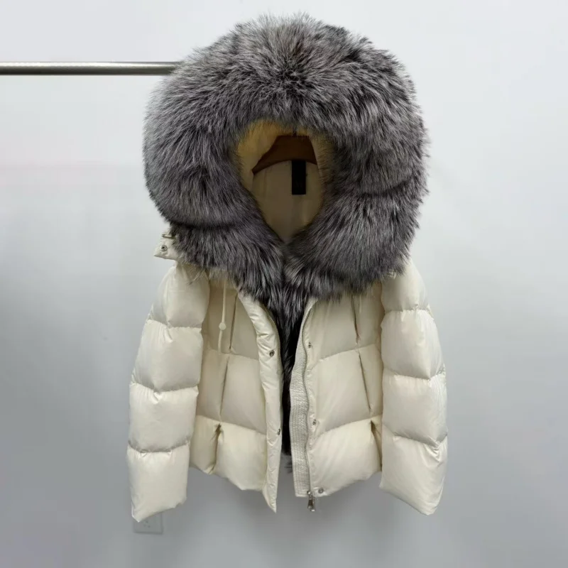 معطف شتوي جديد للسيدات بياقة من فرو الثعلب سميك دافئ من ريش الإوز y2k سترة بقلنسوة خارجية عصرية عالية الجودة #3