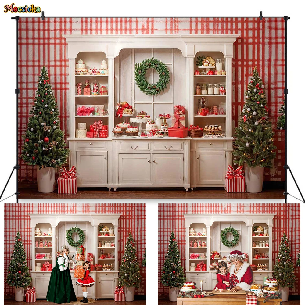 

Christmas Dessert Cabinet Background Photography Red And White Plaid Backdrop Kids Family Kitchen Portrait Xmas Tree Gift Decor