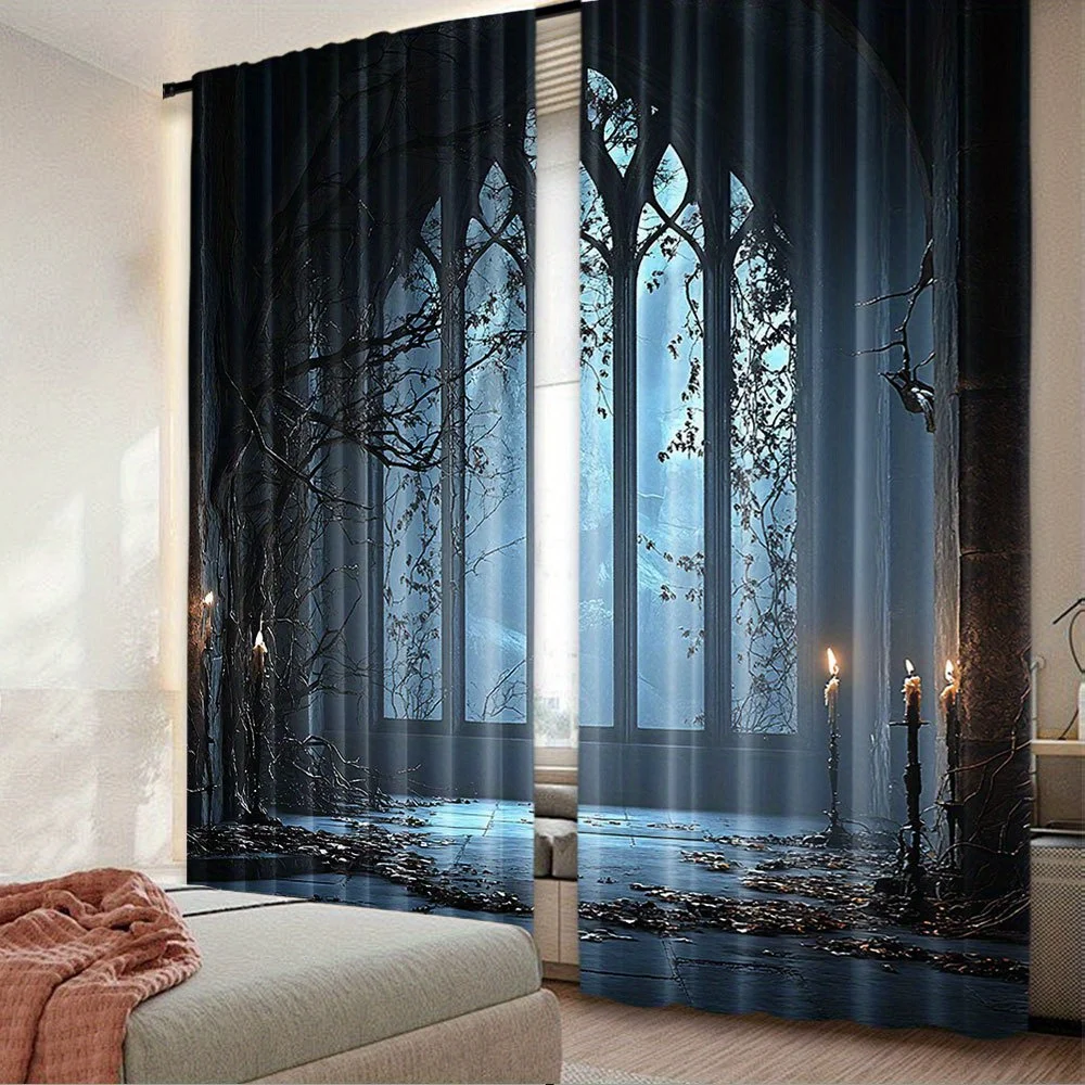 Horror House Gothic Gate Rod Pocket Window Curtains - Halloween Candle View Room Decor for Bedroom Living Room Set of 2 Panels