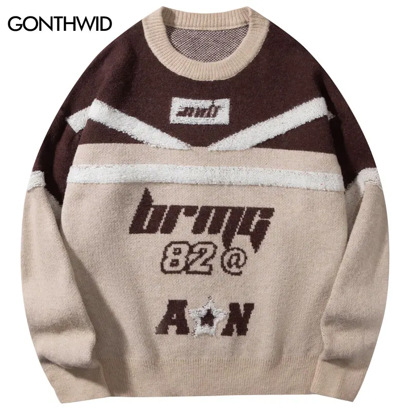 Vintage Sweater Y2K Hip Hop Knitted Racing Patchwork Jumpers Streetwear Harajuku Mens Casual Sport Baggy Long Sleeve Pullover