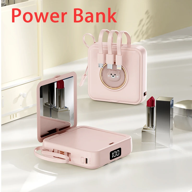 

Mini 20000mAh Power Bank With Makeup Mirror Cable Portable Charger External Battery Powerbank for iPhone 16 15 14 Xiaomi Samsung