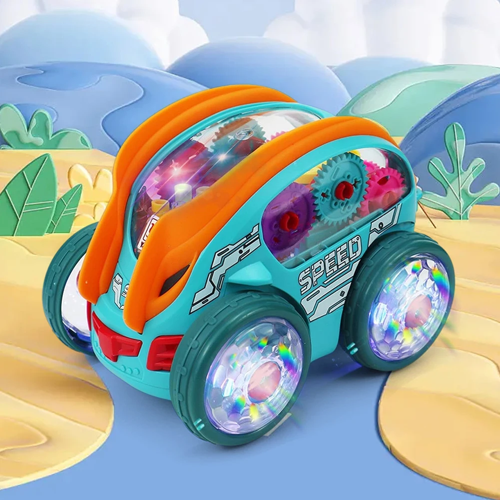 Light Up Transparent Gear Car Toy Bump and Go Toy Car with Colorful Moving Gears Toddler Trucks Stunts Somersaults Car for Kids