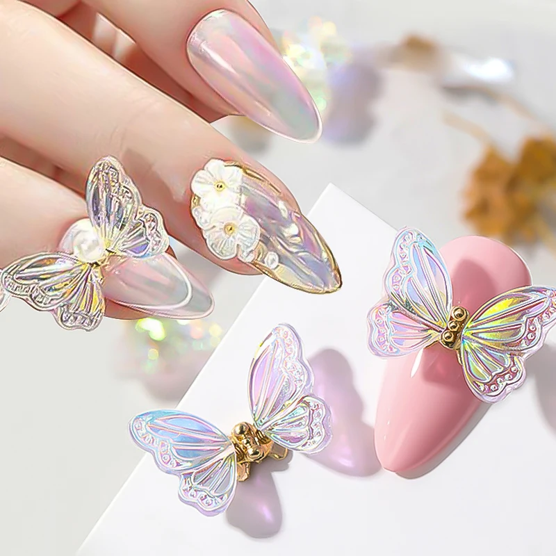 Glitter Auroras Butterfly Nail Art Decorations Acrylic Butterfly Wings Sparkle Ice Translucent Nail Art Manicure Accessories