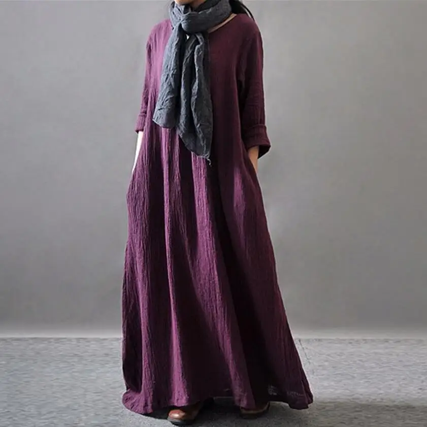 Autumn 2026 Loose Cotton Linen Long Dress Ladies Solid Color Vintage Maxi Dress Spring Female Robe Casual Loose Dresses Vestidos