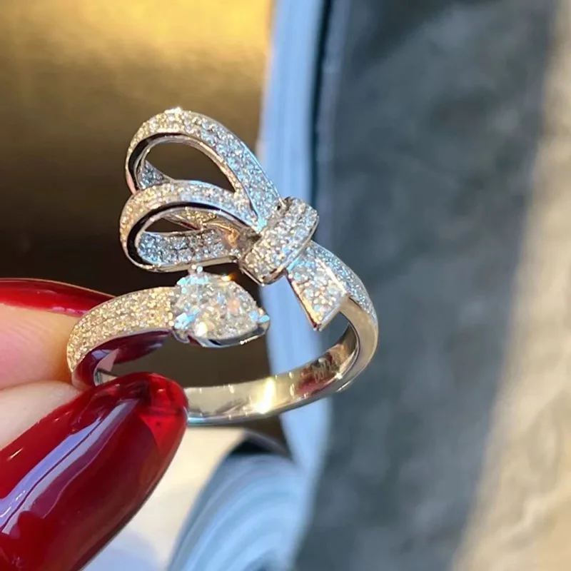 European and American Single-sided Bow Design Ring, Women's Water Droplet Wax Inlaid with Shiny Zircon Fairy Style Jewelry