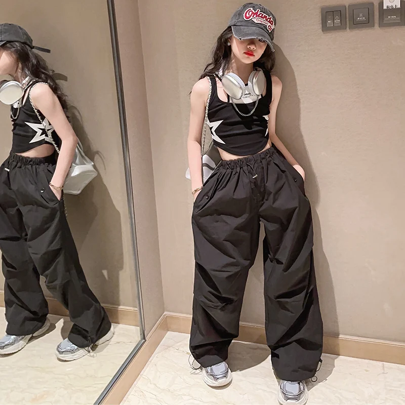 Teenage Girls Casual Wear Star Vest Tops + Wide Leg Cargo Pants Suits Hip Hop Kids Sweatpants Pockets Joggers Trousers Tracksuit