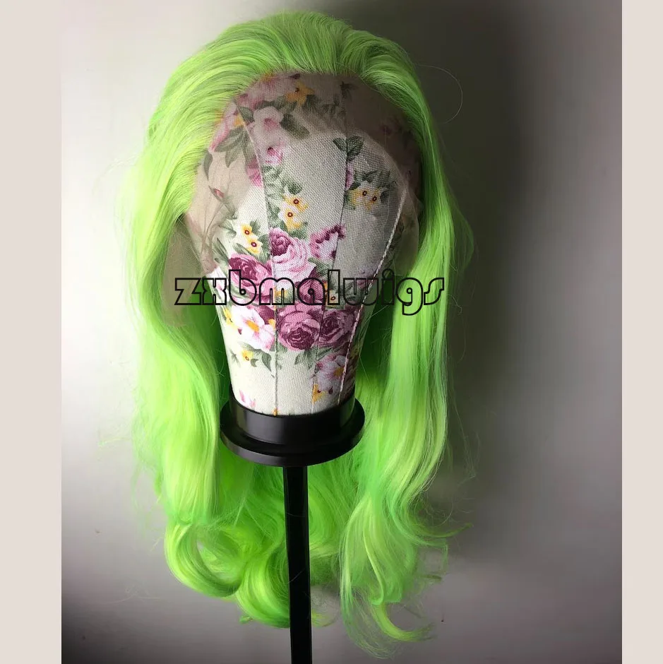 Neon Green Long Body Wave Synthetic Hair Lace Front Wigs Straight Wavy for Women Pre Plucked  Lace Frontal Wig