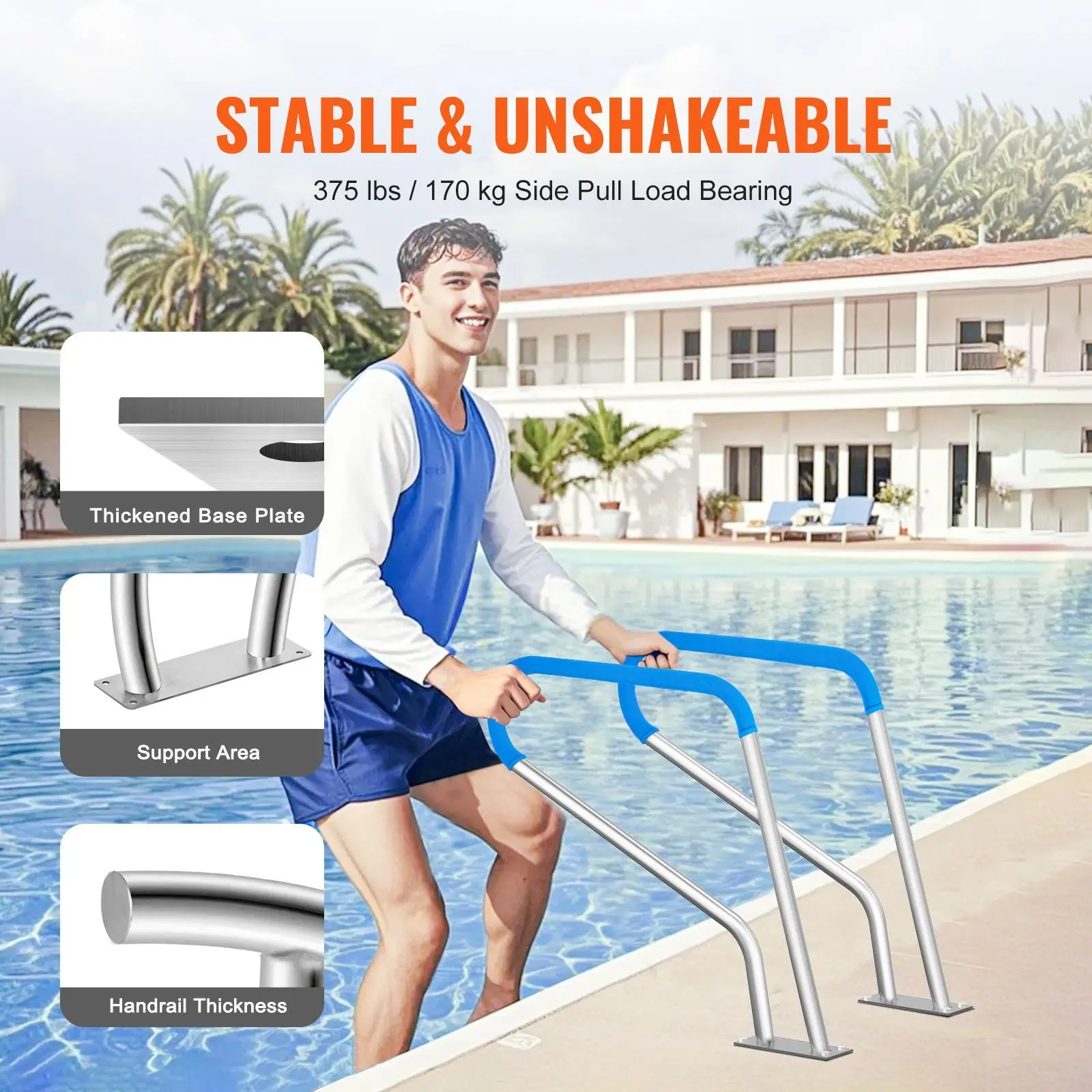 Pool Handrail, 39 x 32 inch Pool Railing, Stainless Steel with Base Plate for Indoor/Outdoor Pools,Swimming Pool Safety Railing