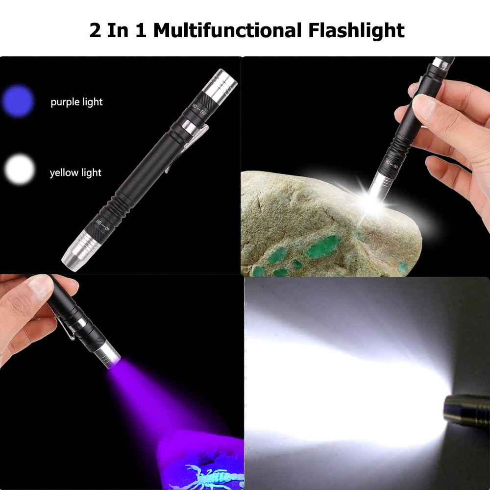 2 In 1 UV+White Light Mini Pen Light UV Flashlight LED 395nm Ultraviolet Flashlight Pen Blacklight Flashlight Detector