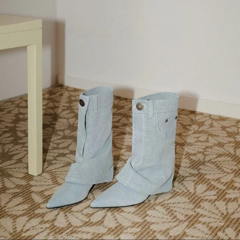 Women's Boots Fashion Mid Calf Wedge Heel Pointed Toe Pant Boots Ruched Pocket Buckle Slimming New Autumn Winter Shoes for Woman