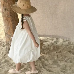 2024 New Childrens Fashion Dress Bow Tank Top Dress Girls Sweet Gentle Cute Clothes Baby White Dress