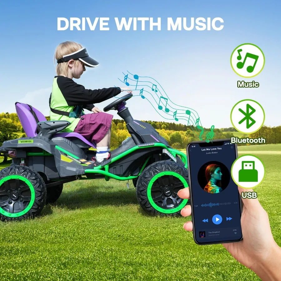 Elektryczny pojazd dla dzieci 24V, duża zabawka wyścigowa na zewnątrz z 4 mocnymi silnikami o łącznej mocy 300W, głośnik Bluetooth i akumulator 24V 7AH.