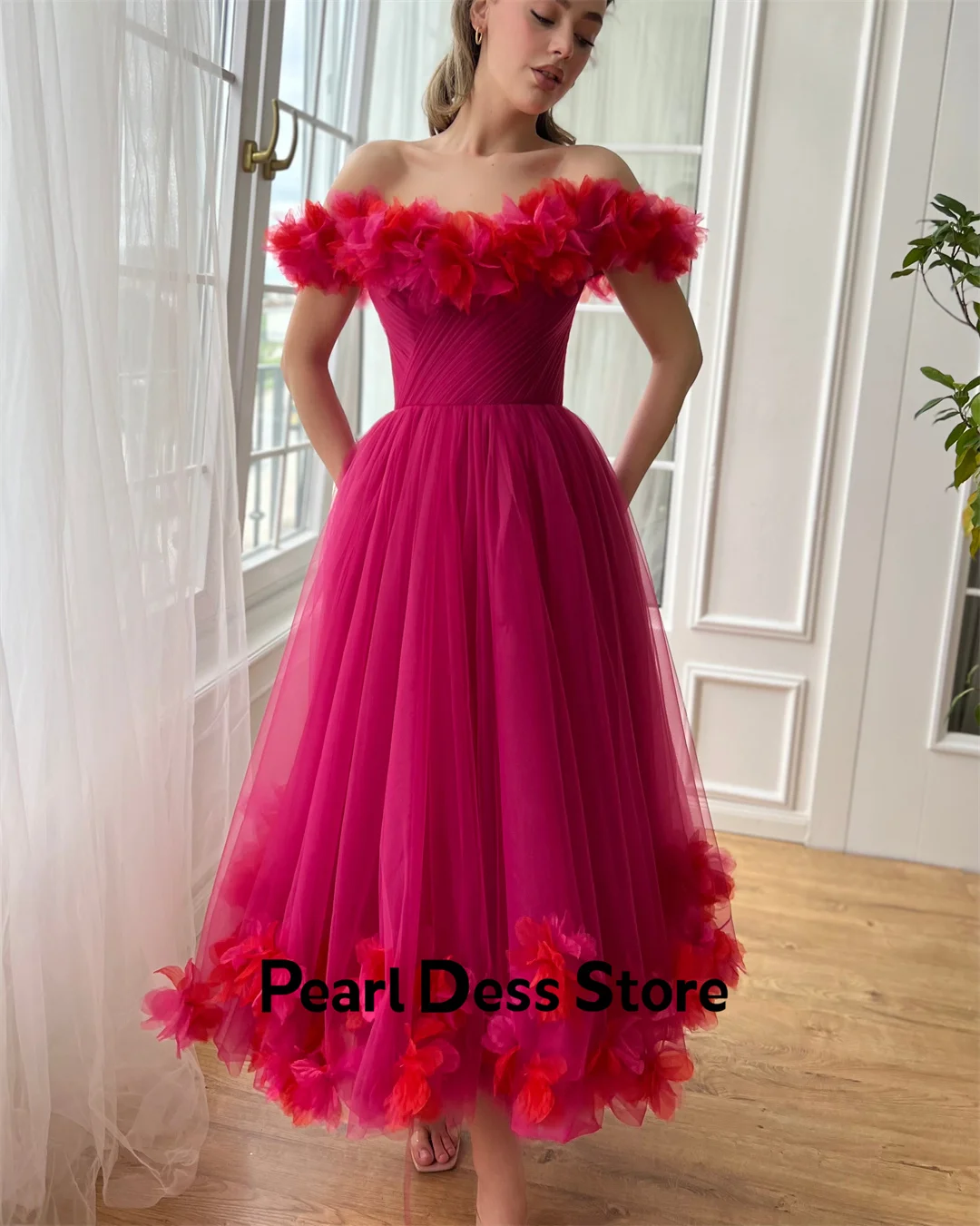 2024 New Cherry Hibiscus Mid length Dress Handmade Flower sheer Evening Dress Ball Party