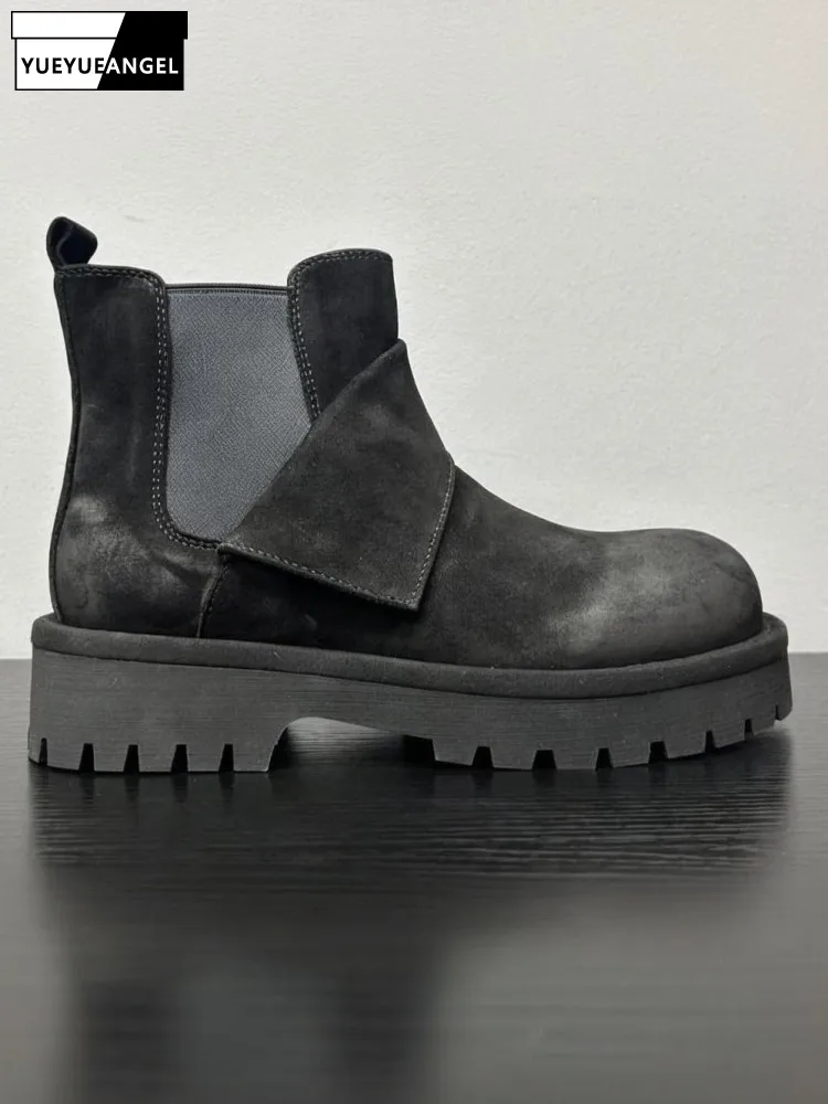 

Gothic Mens Genuine Leather Short Boots Round Toe Slip On Platform Cargo High Top Shoes Street Casual Punk Chelsea Boots Male