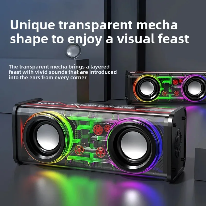 Creative Transparent Mecha Bluetooth Speaker V8 Colorful Light Dual Subwoofer Small Steel Cannon Low Bass Series Gift Sound