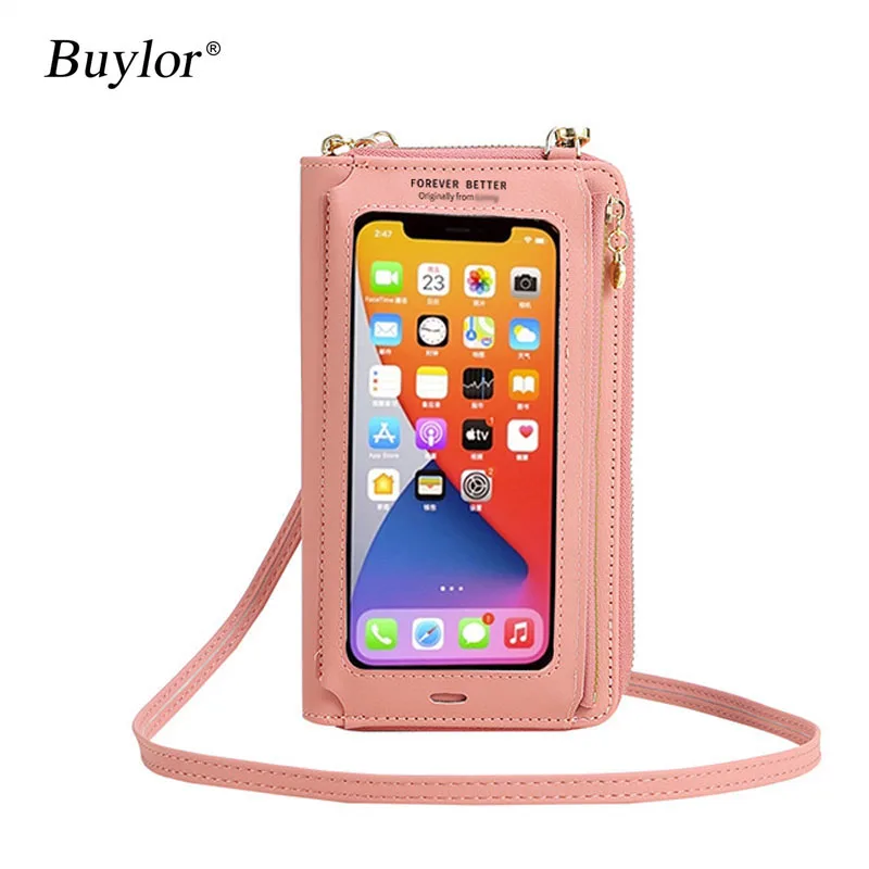 Buylor Charging Hole Touch Screen Phone Bag Women Soft Leather Simple Shoulder Bag Fashion Crossbody Bag Transparent Mini Wallet