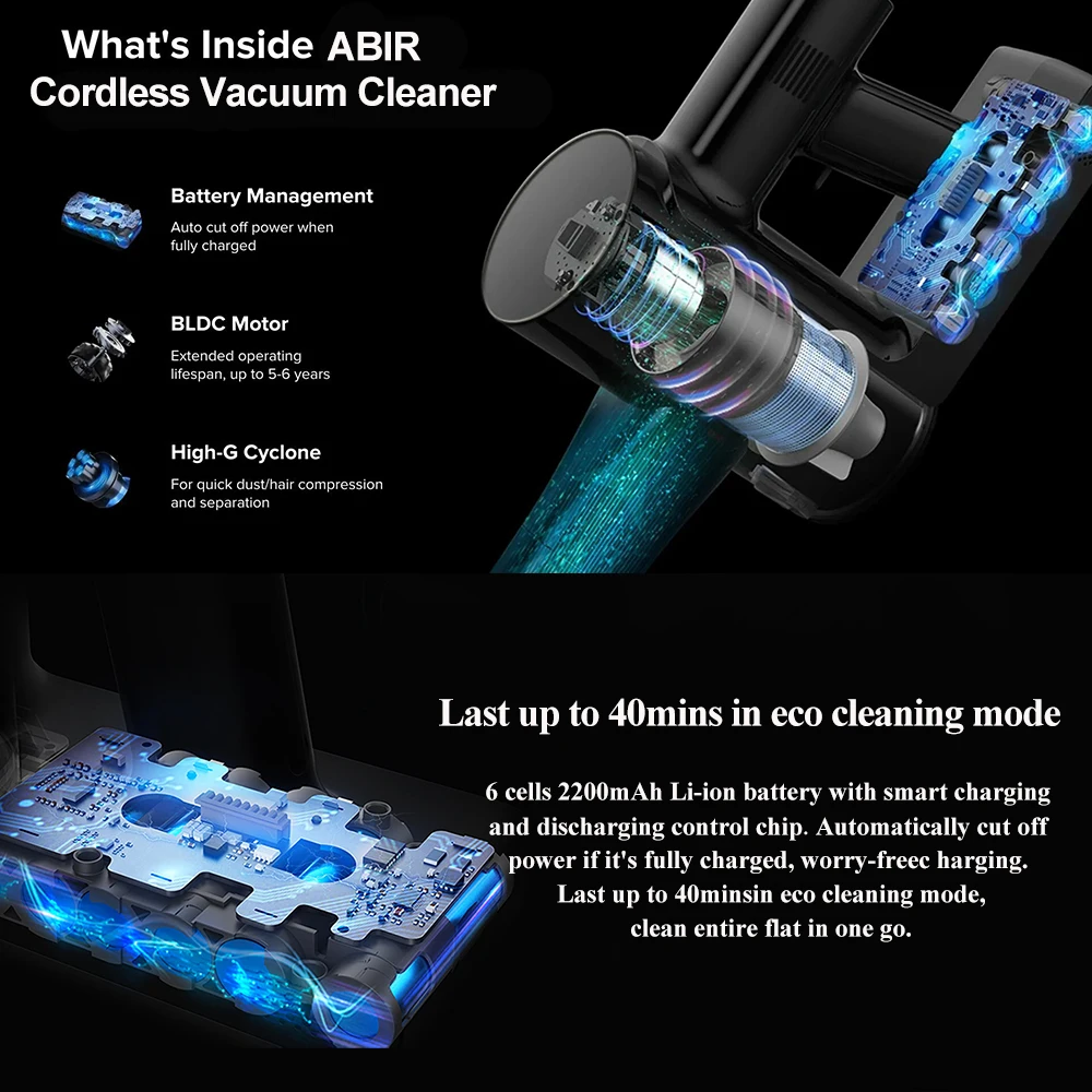 ABIR VC203 Wireless Vacuum Cleaner,RGB Ring Light, Auto Dust Sensor,Magnetic Charging Port,Smart Handheld Wireless Stick