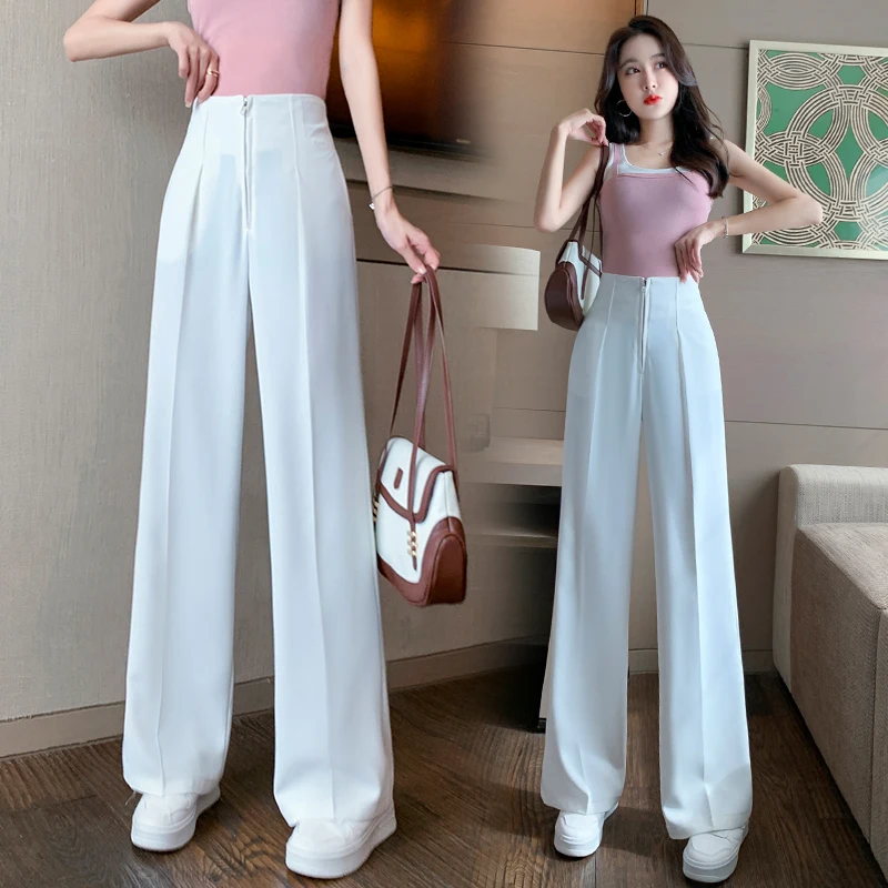 2023 New High-Waist Zipper Loose Drape Thin Section Women\'s Wide-Leg Straight Suit Slim And Versatile Trousers