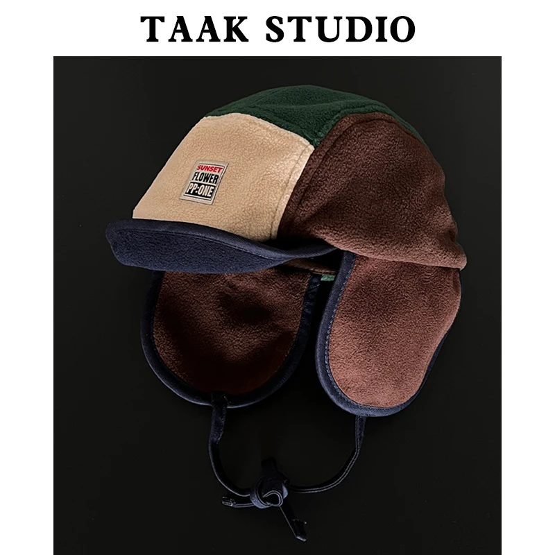 Retro Fleece Color Matching Strap Bomber Hats for Men Autumn Winter Outdoor Leisure Warm Versatile Ear Protection Women's Cap