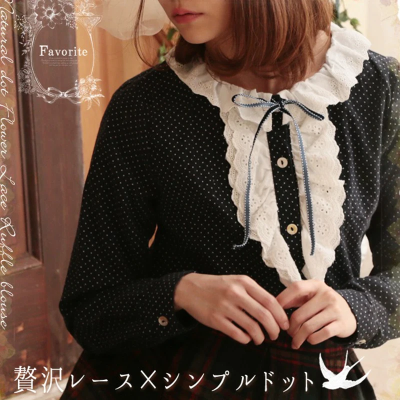 

Mori Girl Sweet Shirt Women Clothing Lace Ruffles Floral Collar Bow Blue Green Polka Dot Full Sleeved Female Blouse Tops A075