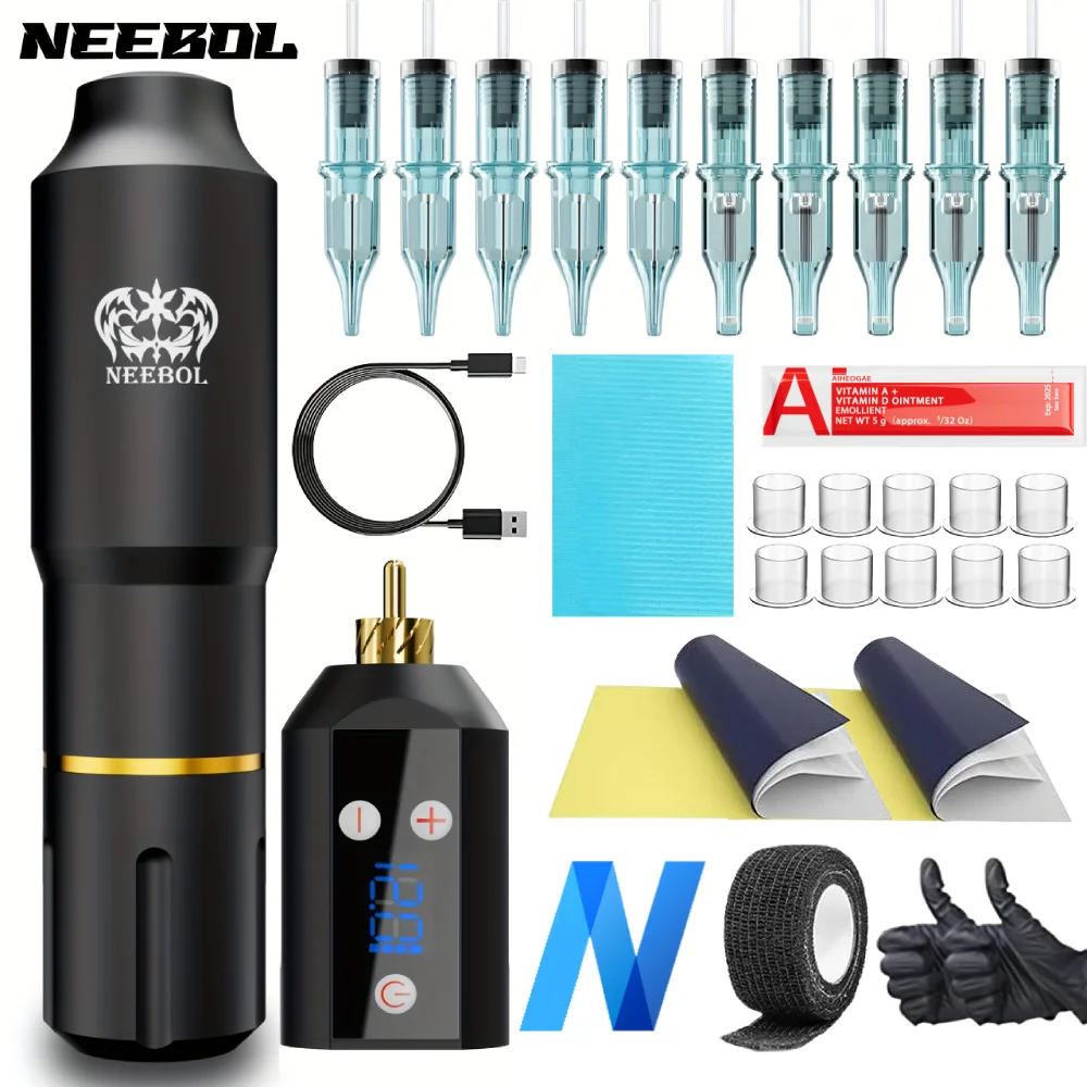 1set, Neebol Wireless Tattoo Kit, Complete Tattoo Pen Secant Fog Tattoo Machine with 1500mAh LED Cordless Tattoo Power Supply