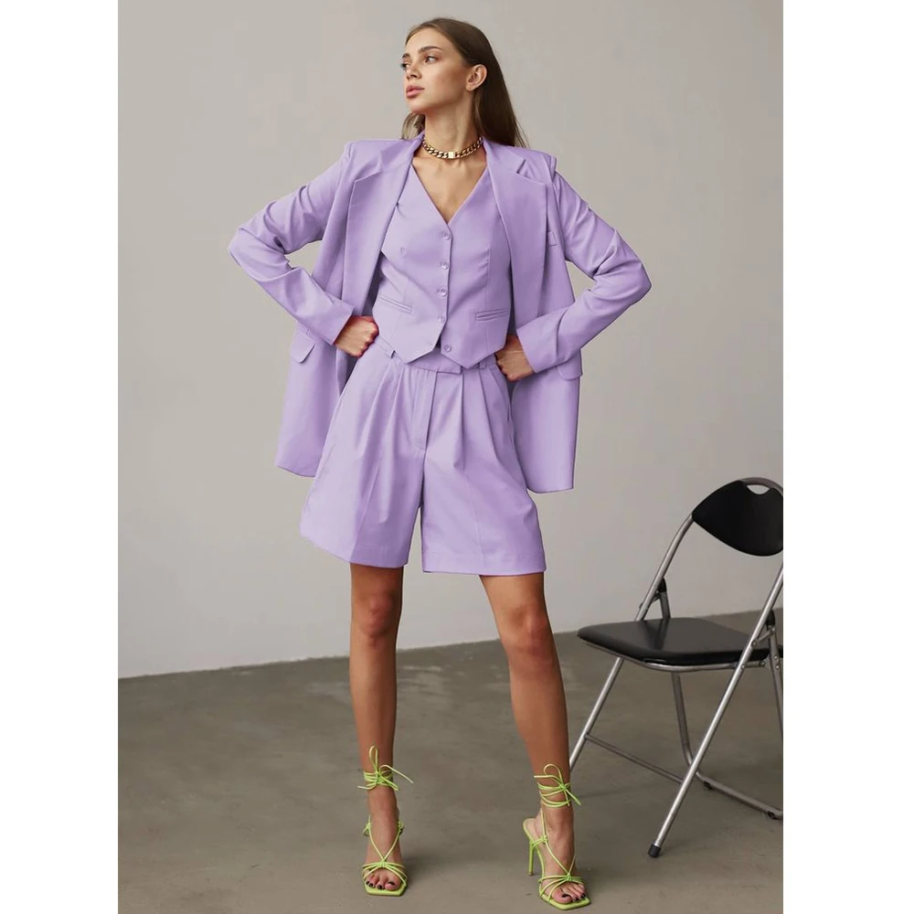 Lavender 3 Pieces Suit For Women Blazer Vest and Shorts Set Office Ladies Wear For Wedding Party Suit