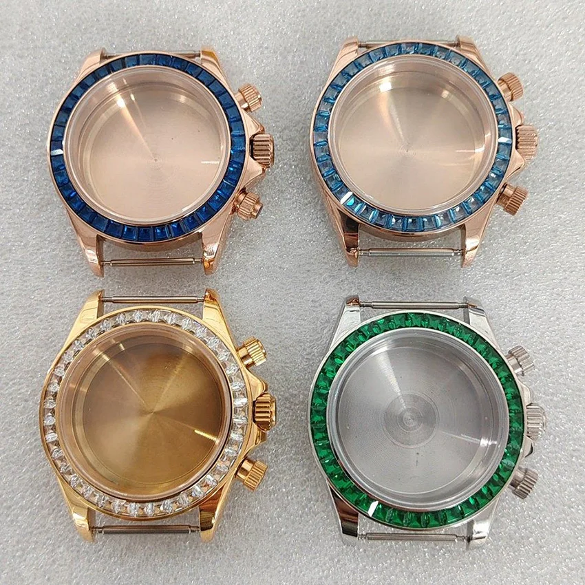 Watch Case for VK63 Quartz Movement 39mm PVD Rose Gold/Gold Watch Case with Stone Bezel Watch Accessories