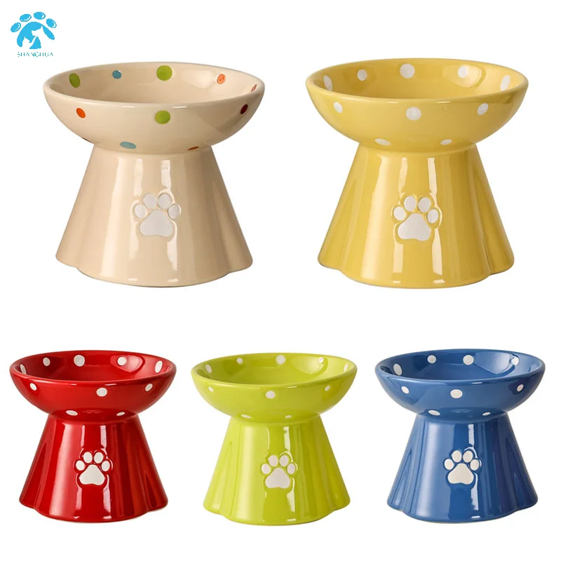 Ceramic Raised Cat Bowl Cute Claws Design Elevated Feeding Dish Neck Protection Eco-friendly Stand Feeder For Cats And Puppy