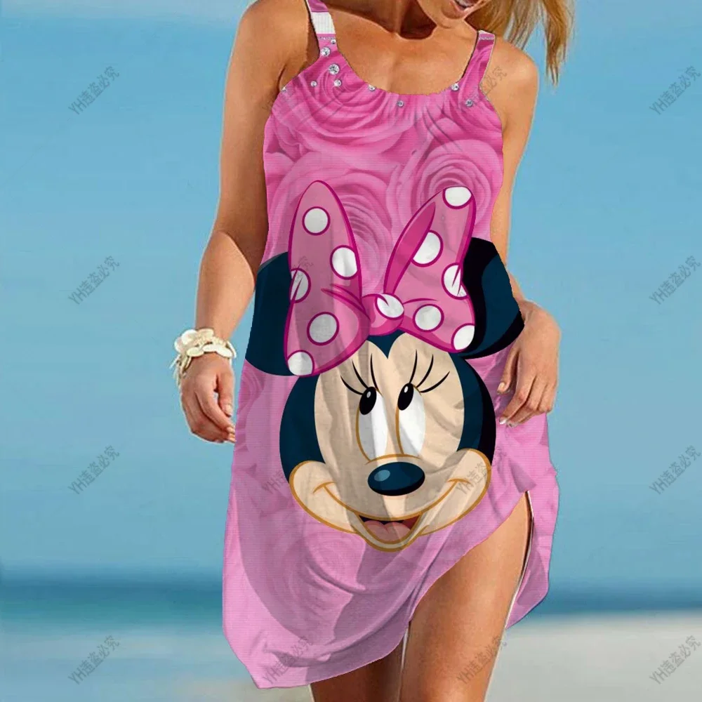 

Disney Minnie Cartoon 3D Print Boho Dress for Women Fashion Sling Sleeveless Dresses Summer Hem Loose Beach Dress Elegant Dress