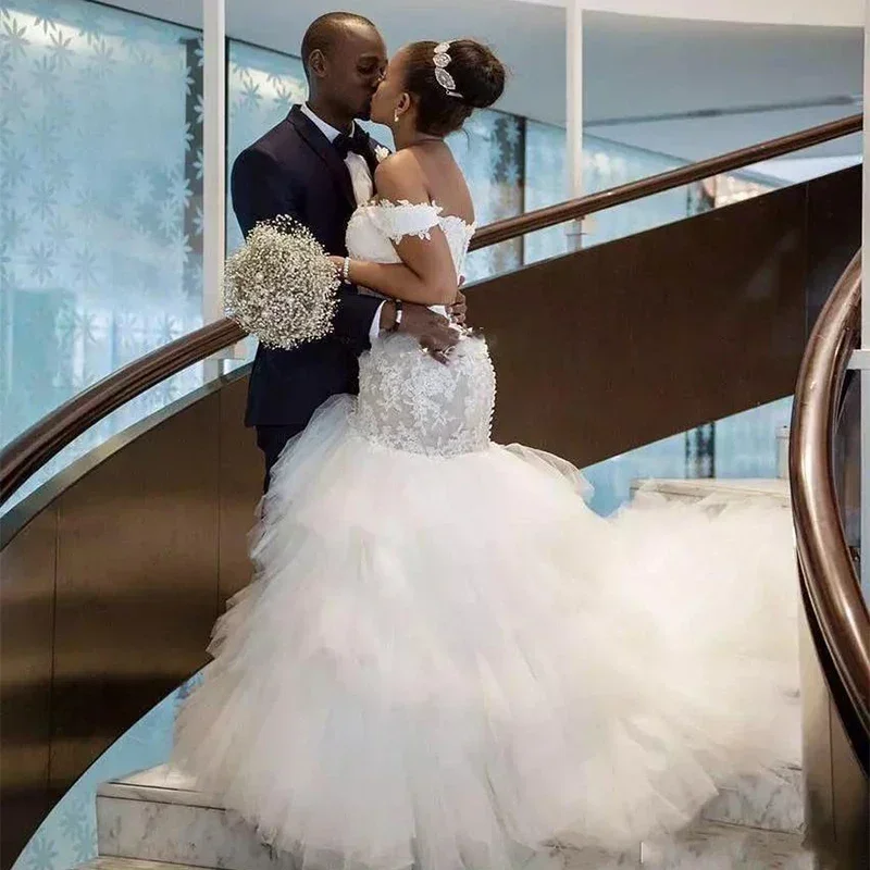 Customized Plus Size Off Shoulder Mermaid Bridal Gown Sexy African Custom Made Wedding Dress With Puffy Tail