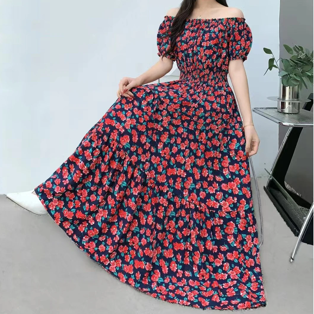 Abito estivo con scollo a barchetta per donna Abito floreale sottile Abiti lunghi Boho Abiti indiani bohémien Abiti casual alla moda coreana