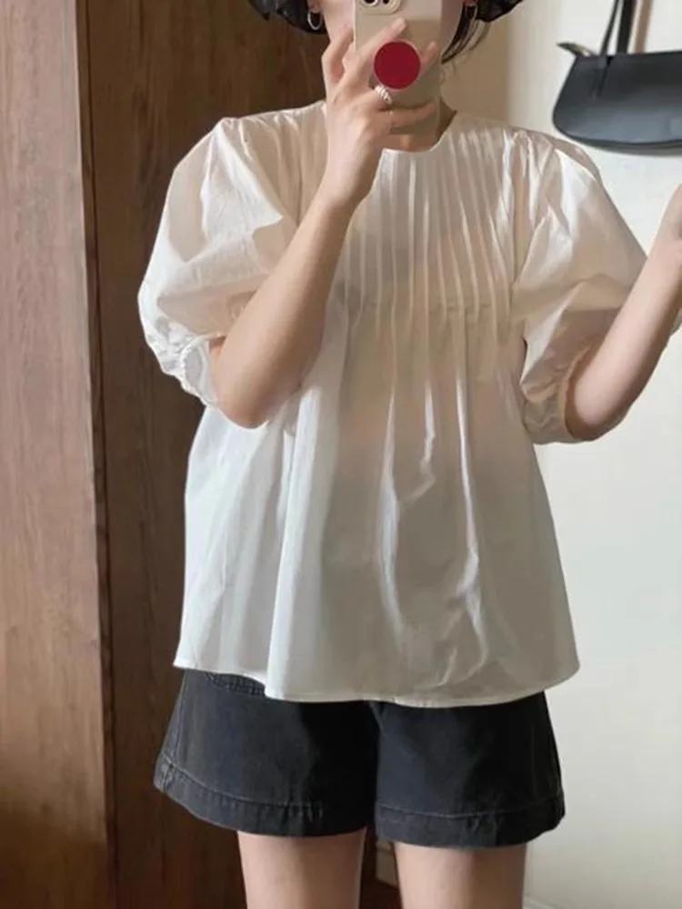 الأبيض جولة Ne مطوي فقاعة ort Sve irt المرأة الصيف رقيقة دمية irt فضفاض التخسيس رداء علوي غير رسمي تخفيف Sle