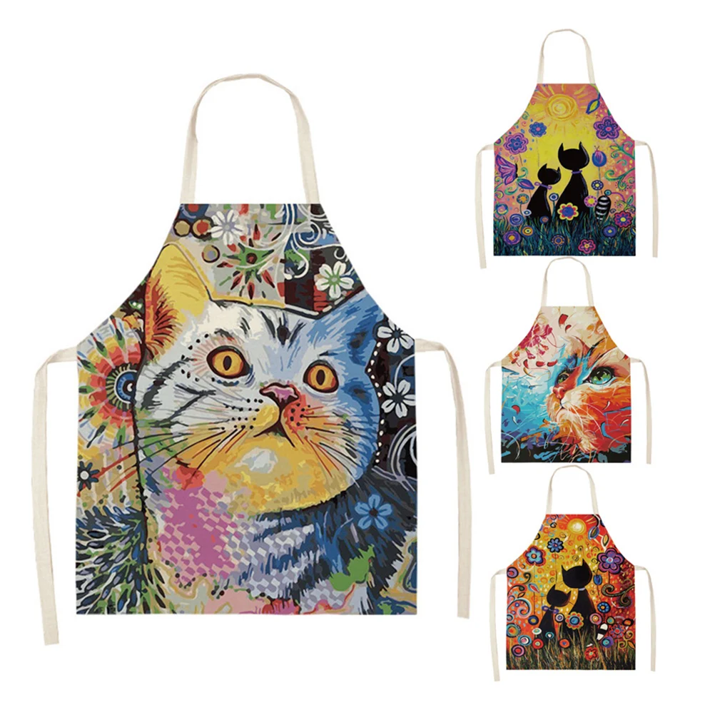 

Flower Kitchen Cooking Apron Cute Cat Printed Home Sleeveless Cotton Linen Aprons for Men Women Baking Accessories