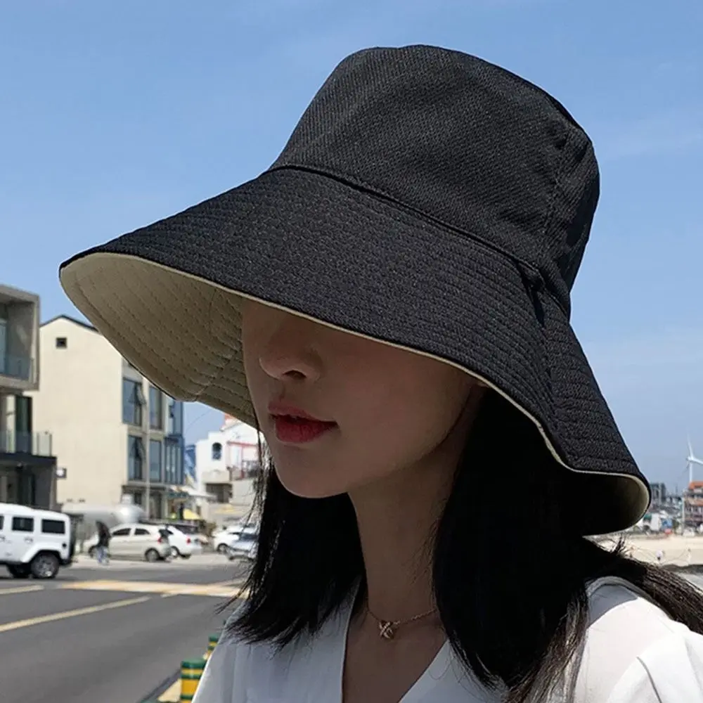 Summer Women Double-sided Bucket Hats Fashion Big Brim Foldable Solid Sun Hat Outdoor Beach Visor Caps Fisherman Cap for Travel