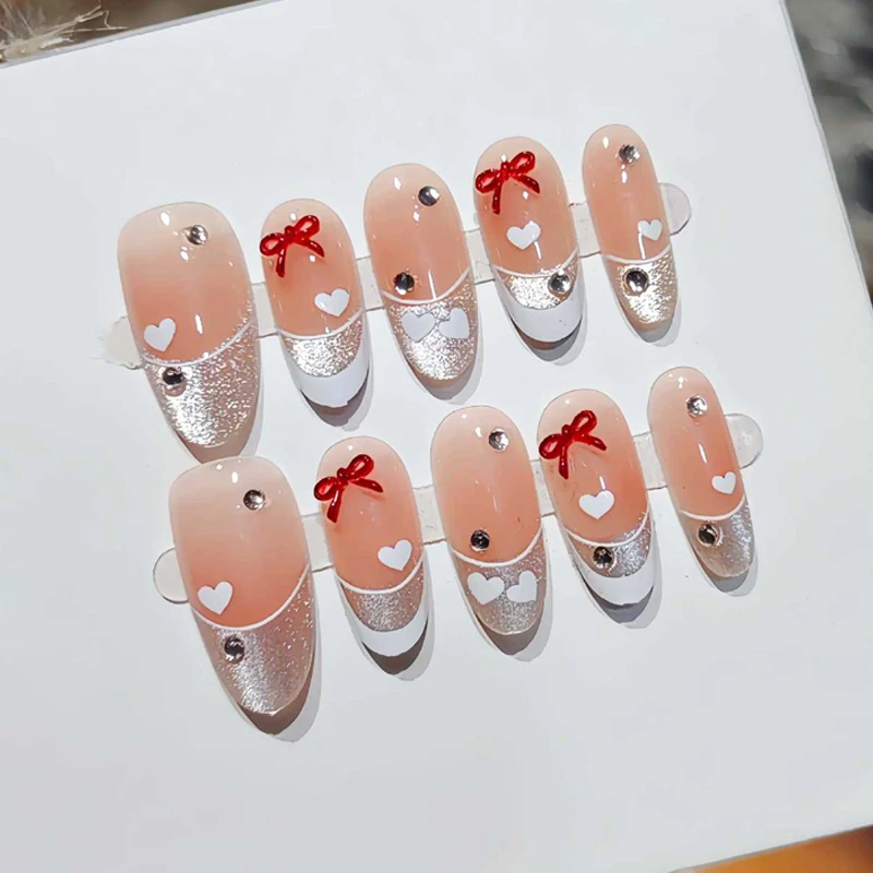 10Pcs French Sweet Cool Spicy Girl Light Luxury with Diamonds and Bowknot High-end Temperament Nail Art Press on Nails Fake Nail view 4