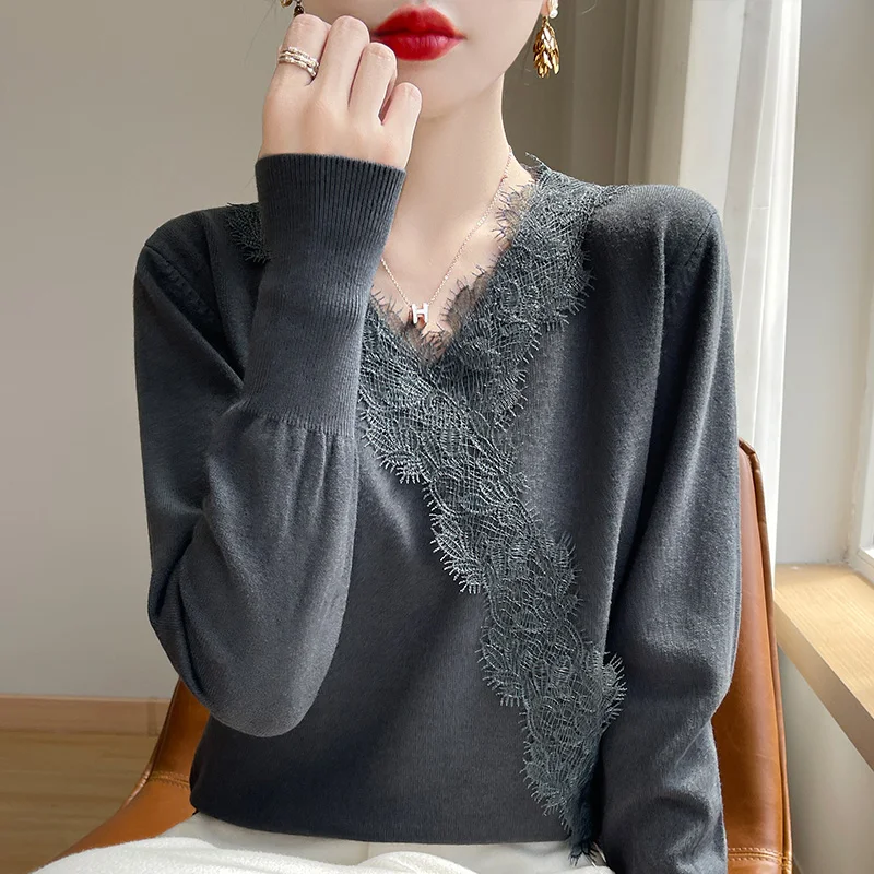 2024 Women\'s Cashmere Sweater V-neck Fashion Hoodie Autumn/Winter Cashmere Clothing Long Sleeve Sweater Knitted Top Solid Color