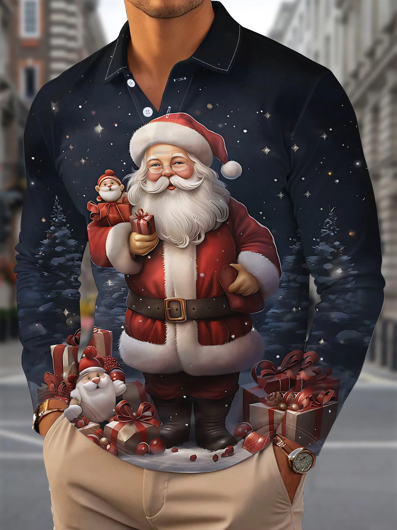 

New Christmas Pattern Men's Long Sleeve Polo Shirt Autumn Casual Fashion 3D Printed Loose Holiday Party Hip Hop Men Clothing Top