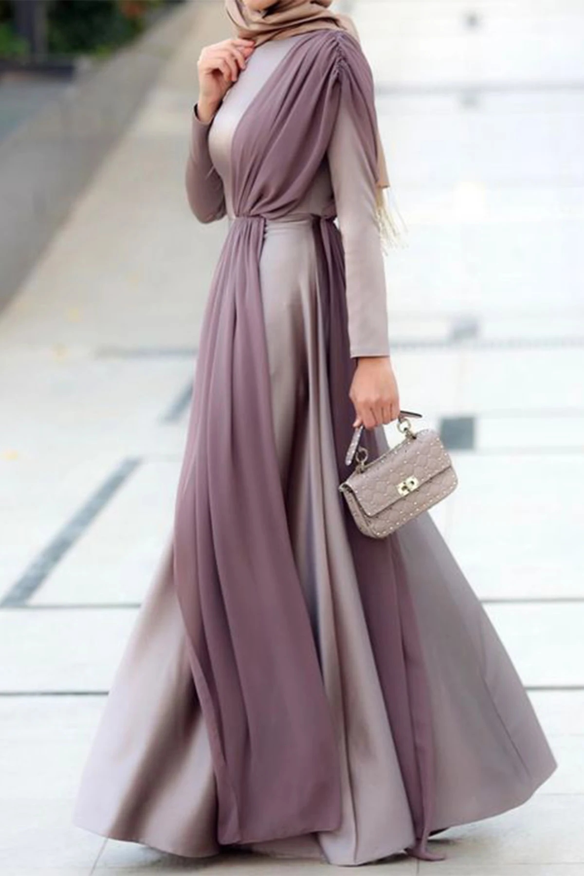 Muslim Abaya Robe Women Dresses Elegant Pleated Patchwork Long Sleeve Maxi Dress