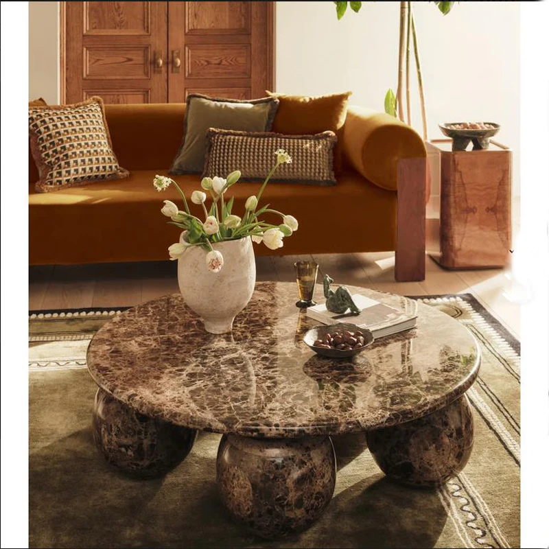 Vintage Earthy Brown Natural Marble Ball Base Coffee Table Most Popular in French EPR Coffee Tables