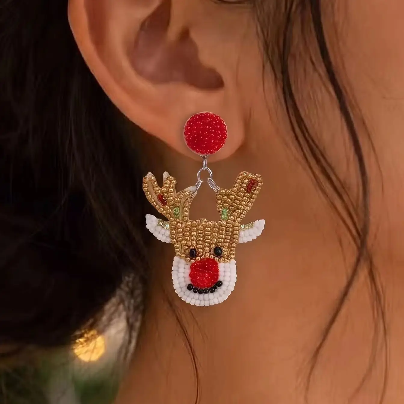 Cute Christmas Reindeer Rice Beads Dangle Earrings for Women Novelty Gingerbread House Animal Earrings Xmas Party Jewelry Gift
