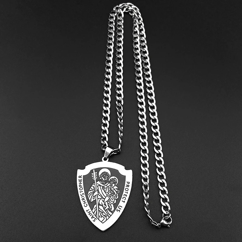 قلادة سانت كريستوفر تحمينا للنساء والرجال من الفولاذ المقاوم للصدأ باللون الفضي سلسلة تميمة مسيحية هدية مجوهرات