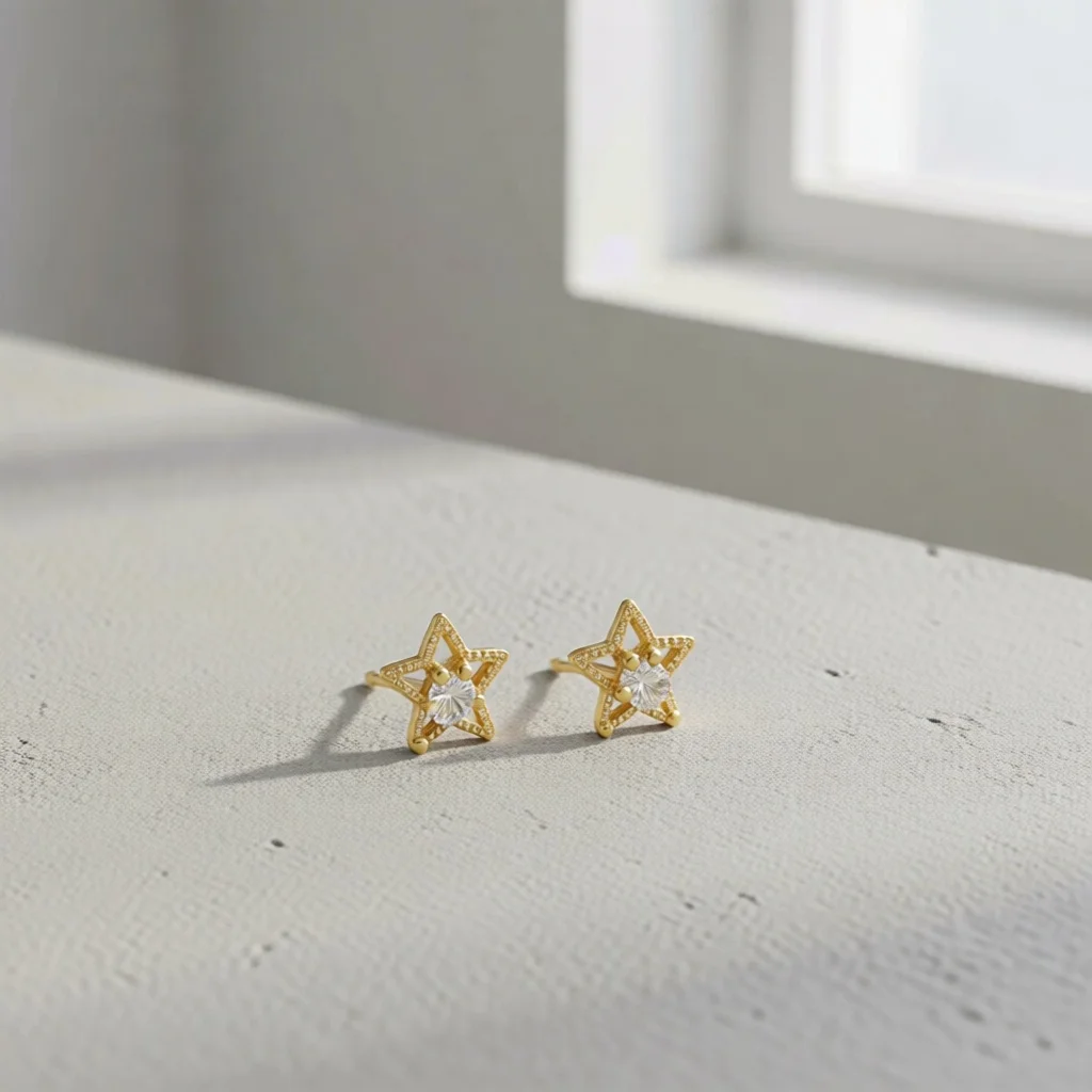 Trendy Gold Tone Star Zircon Stud Earrings, Fashion Jewelry for Daily Wear, Office, Date Night & Special Occasions