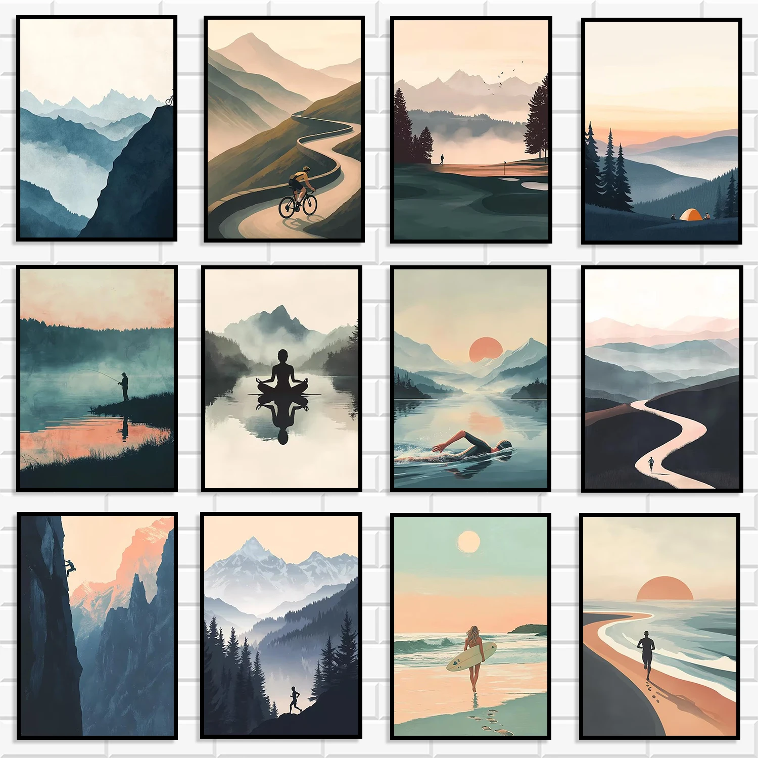 Minimalist Outdoor Adventure Canvas Wall Set Cycling Yoga Surf Fishing Climbing Hiking Nature Poster for Cabin Gym Home Decor