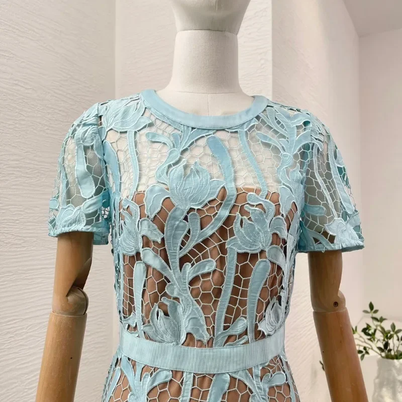 Pink and Blue Grid Cutout Lace Patchwork Hollow Out See Through Midi Dress Chic and Elegant for Woman 2024 Summer New Dresses