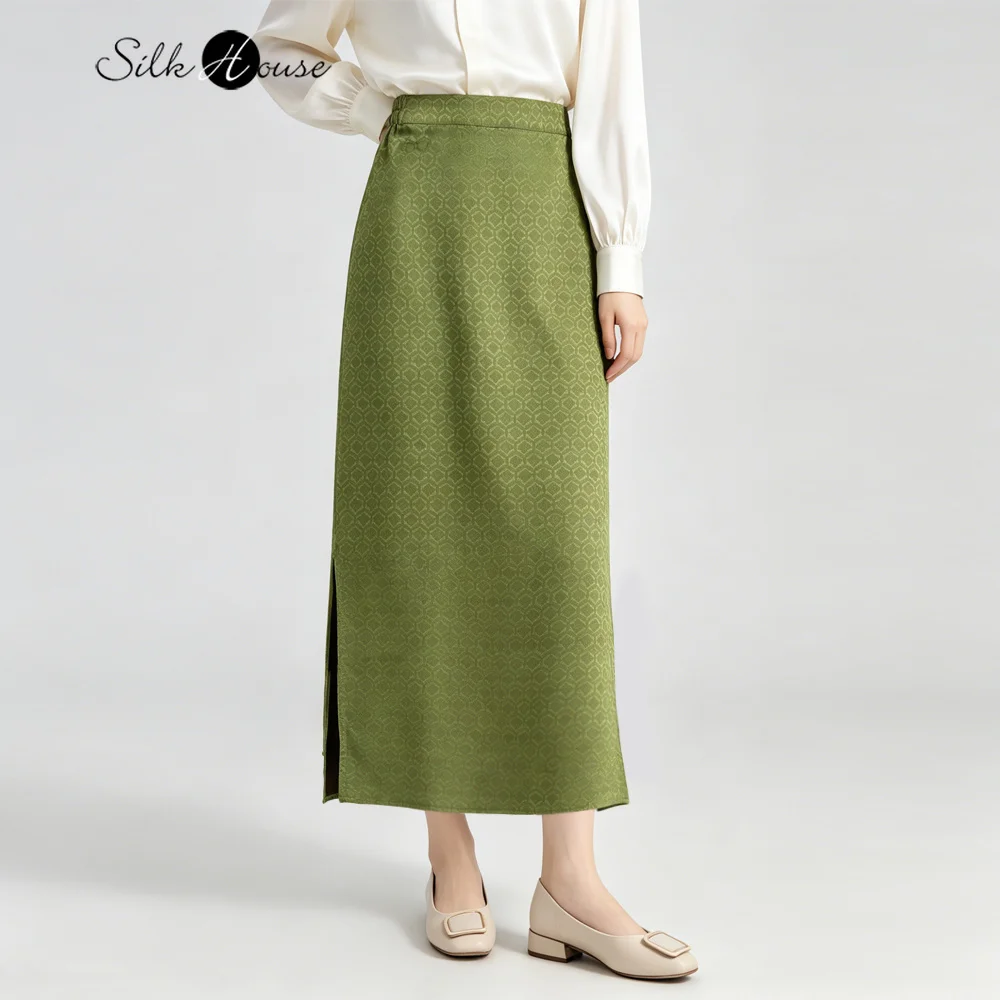 

Temperament Olive Green 100% Natural Mulberry Silk Jacquard Gambiered Guangdong Gauze Elastic Waist Split Hip Wrapping Skirt