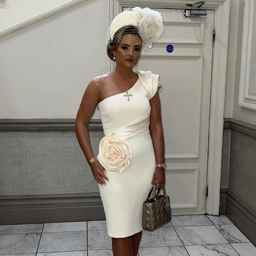 

One Shoulder Ivory Cocktail Dress Knee Length With Flowers Cocktail Gown for Women Sheath Back Slit Holiday Party Gown