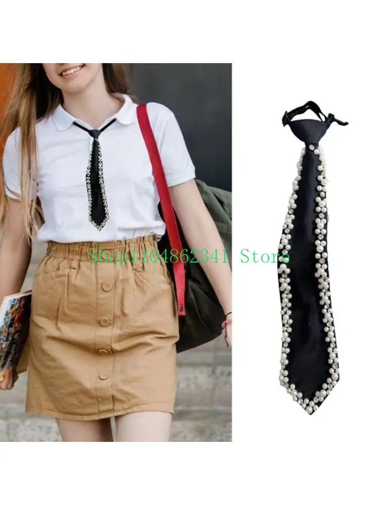 

652F Classical Pearls Embellishment Neck Tie Silk Adjustable Pretied Necktie Neckwear for Men and Women Wedding Neckwear